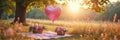 Heart balloon in scenic meadow with flowers and pink sunset glow Royalty Free Stock Photo