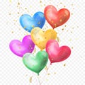 Heart balloons bunch and golden glitter stars confetti isolated on transparent background for Birthday party, Valentines Day or Royalty Free Stock Photo