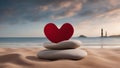 heart on the beach A stone tower with a heart on a sand wave background. The tower is made of stones and has some details Royalty Free Stock Photo