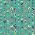 Heart bird flower seamless pattern on blue background.