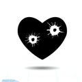 Heart black icon, Love symbol. Bullet holes in heart. Valentines day sign for congratulation and shadow on white background Royalty Free Stock Photo