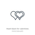 Heart black for valentines icon. Thin linear heart black for valentines outline icon isolated on white background from human body