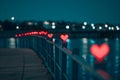 Heart bokeh background, night city lights. Heart shape bokeh from street light. City in love. Valentine\'s Day Royalty Free Stock Photo