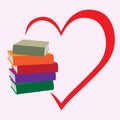 Red heart shape and a pile of books, love to read concept