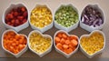 Heart bowls with colorful healthy food