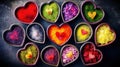 Heart bowls with colorful healthy food