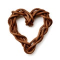 Heart braided from thick brown rope, cord. White isolated background. Heart as a symbol of affectionlove Royalty Free Stock Photo