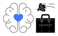 Brain with Blue Heart, Flying Insect, and Black Handbag Representing Emotions, Distraction, and Practicality Royalty Free Stock Photo