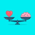 Heart and brain on scales vector conceptual illustration. Balance, love, mind, intelligence, logic concept illustration