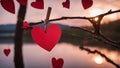 heart on a branch heart made paper hangs clothespin tree branch backdrop sunset sky Royalty Free Stock Photo