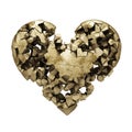 Heart breaking into pieces. Heart made of small particles. Broken love. 3d rendering.