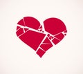 Heart broken to pieces like a glass vector logo or icon, broken heart concept, breakup or divorce, heartbreak regret, separated