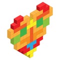 Heart built from color tetris blocks isometric illustration