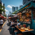 Along a bustling city street during lunch hour