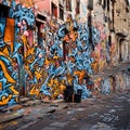 A graffiti art that depicts a public space such as a city street or alley