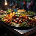 At a bustling street food market in Phuket, The market is a vibrant tapestry of colorful stalls and lively chatter.