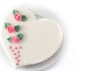 Heart cake for St. Valentine`s Day, Mother`s Day, or Birthday, decorated with roses and pink sugar hearts Royalty Free Stock Photo