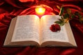 Heart candle on open Bible and red rose Royalty Free Stock Photo