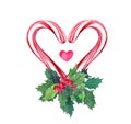 Heart with candy cane and mistletoe. Watercolor for Christmas Royalty Free Stock Photo