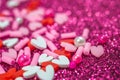 Heart candy confetti, pearl on purple sparkle background. 14 february, valentines day macro love card Royalty Free Stock Photo