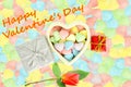 Heart with candy Valentine Background with red rose and happy valentine text in candy background Royalty Free Stock Photo