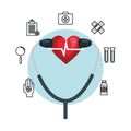 Heart cardio iwith stethoscope and icons