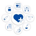 Heart care infographics. Regular medical examinations. Health care. Stethoscope, vitamins, syringe, microscope, hospital, doctor