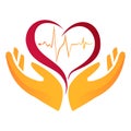 Heart care logo design. Hand holding heart with heartbeat icon cartoon vector illustration Royalty Free Stock Photo