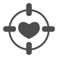 Heart in center of target solid icon. Love darts, follover and aiming symbol, glyph style pictogram on white background