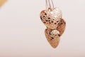 Heart on chain. Three golden hearts. Valentine`s Day holiday. Golden hearts for boys and girls