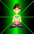 Heart chakra activation concept. Cartoon characte smiling woman is sitting in lotus pose with namaste hands. Royalty Free Stock Photo