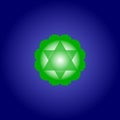 Heart chakra Anahata in green color on dark blue space background. Isoteric flat icon. Geometric pattern. Vector Royalty Free Stock Photo