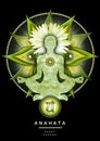 Heart chakra meditation in yoga lotus pose, in front of anahata chakra symbol. Royalty Free Stock Photo