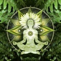 Heart chakra meditation in yoga lotus pose, in front of anahata chakra symbol and calming, green ferns.