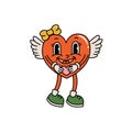 Heart character with wings in retro groove style. 60s and 70s style. Valentine\'s Day. Royalty Free Stock Photo