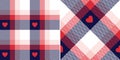 Heart check plaid pattern for Valentines Day in navy blue, red, powder pink, white. Seamless tartan for scarf, pyjamas, blanket, d