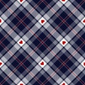 Heart check plaid pattern for Valentines Day prints in navy blue, red, white. Seamless diagonal tartan with love hearts. Royalty Free Stock Photo