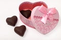Heart of chocolate in the heart shaped gox with bow Royalty Free Stock Photo
