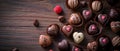 Heart chocolate pralines elegantly placed on a dark brown wooden table, Ai Generated