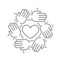 Heart with circle of hands line icon. Donation, solidarity, unity symbol