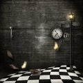 grungy background with chequered floor, backwards clock & lamppost