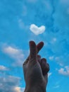 A hand on a background of blue sky and heart-shaped clouds