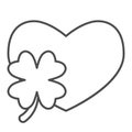 Heart with clover leaf thin line icon. Love symbol and Patrick day shamrock outline style pictogram on white background Royalty Free Stock Photo