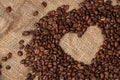 Heart from coffee beans. Close-up.