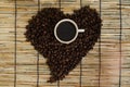 Heart from coffee beans with coffee cup on japan mat