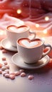 Heart coffee cups on a white table with sugar drawings