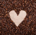 Heart coffee frame made of coffee beans on burlap background Royalty Free Stock Photo