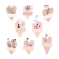 Heart collection taped with dried plants isolated on white background. Healed heart concept. Vector illustration set. Royalty Free Stock Photo