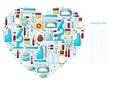 Heart Collection of vector illustrations, text. Laboratory assistant doctor tools set in hand draw style