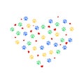 Heart with color animasl paw prints and many hearts. Vector illustration